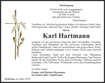 Traueranzeige von Karl Hartmann von Ostthüringer Zeitung