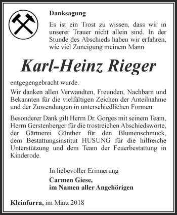Traueranzeige von Karl-Heinz Rieger von Thüringer Allgemeine