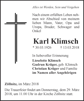 Traueranzeige von Karl Klimsch von Ostthüringer Zeitung, Thüringische Landeszeitung