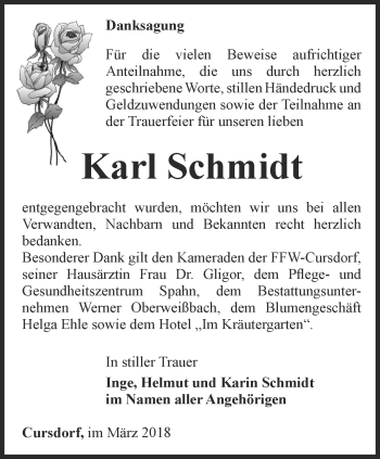 Traueranzeige von Karl Schmidt von Ostthüringer Zeitung