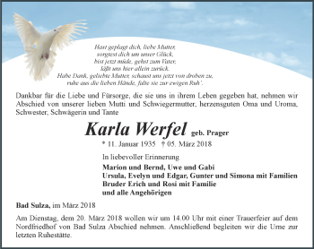 Traueranzeige von Karla Werfel von Thüringer Allgemeine, Thüringische Landeszeitung