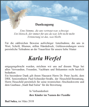 Traueranzeige von Karla Werfel von Thüringer Allgemeine, Thüringische Landeszeitung