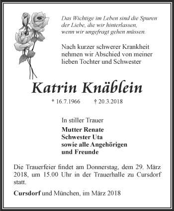 Traueranzeige von Katrin Knäblein von Ostthüringer Zeitung