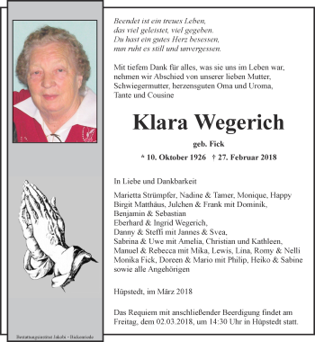 Traueranzeige von Klara Wegerich von Thüringer Allgemeine, Thüringische Landeszeitung