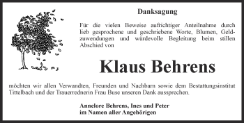 Traueranzeige von Klaus Behrens von Thüringer Allgemeine