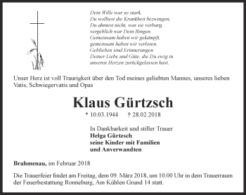 Traueranzeige von Klaus Gürtzsch von Ostthüringer Zeitung