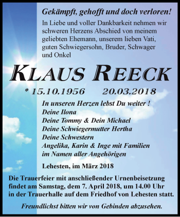 Traueranzeige von Klaus Reeck von Ostthüringer Zeitung