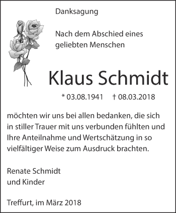 Traueranzeige von Klaus Schmidt von Thüringer Allgemeine, Thüringische Landeszeitung