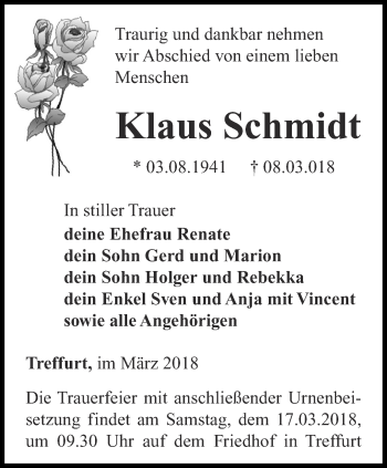 Traueranzeige von Klaus Schmidt von Thüringer Allgemeine, Thüringische Landeszeitung