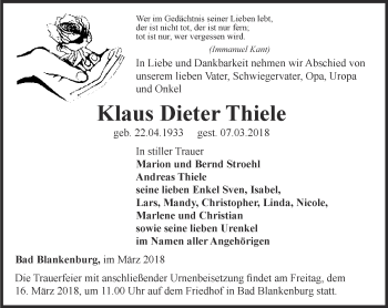 Traueranzeige von Klaus Dieter Thiele