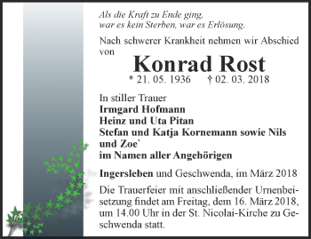 Traueranzeige von Konrad Rost von Thüringer Allgemeine, Thüringische Landeszeitung