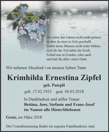 Traueranzeige von Krimhilda Ernestina Zipfel