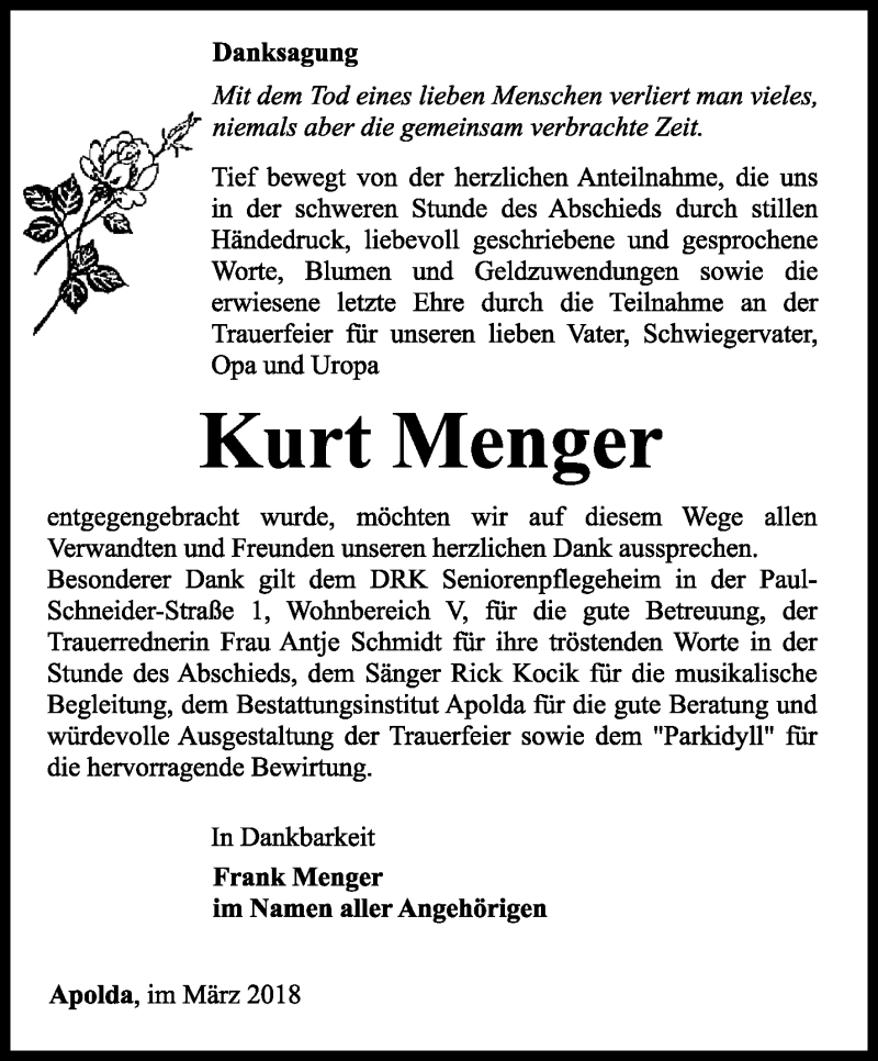  Traueranzeige für Kurt Menger vom 24.03.2018 aus Thüringer Allgemeine, Thüringische Landeszeitung