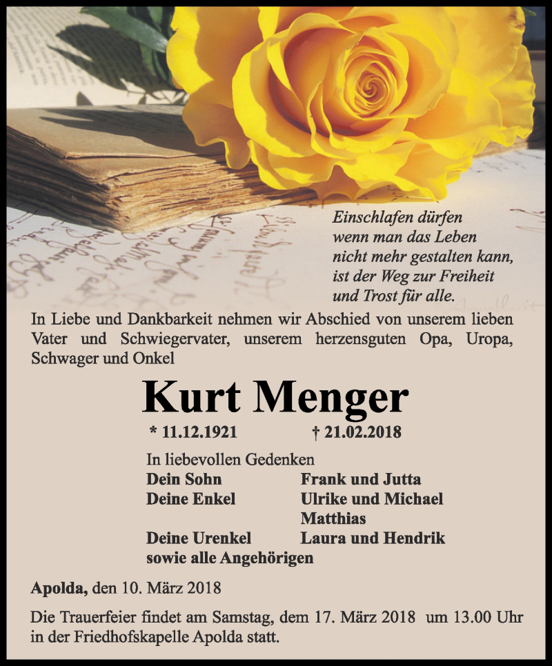  Traueranzeige für Kurt Menger vom 10.03.2018 aus Thüringer Allgemeine, Thüringische Landeszeitung