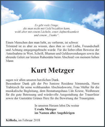 Traueranzeige von Kurt Metzger von Thüringer Allgemeine