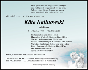 Traueranzeige von Käte Kalinowski von Thüringer Allgemeine