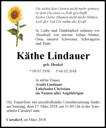 Traueranzeige von Käthe Lindauer von Ostthüringer Zeitung