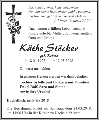 Traueranzeige von Käthe Stöcker von Thüringer Allgemeine