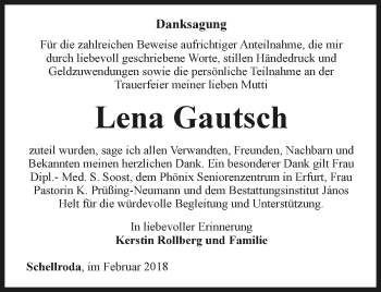 Traueranzeige von Lena Gautsch von Thüringer Allgemeine, Thüringische Landeszeitung