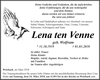 Traueranzeige von Lena ten Venne von Ostthüringer Zeitung