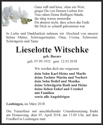 Traueranzeige von Lieselotte Witschke von Thüringer Allgemeine