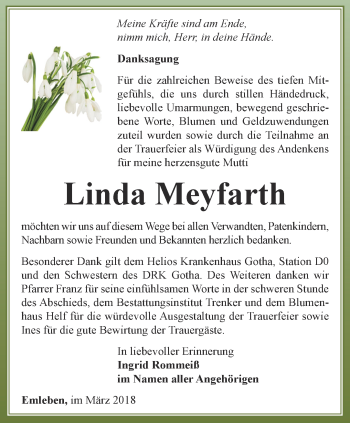 Traueranzeige von Linda Meyfarth von Ostthüringer Zeitung, Thüringische Landeszeitung