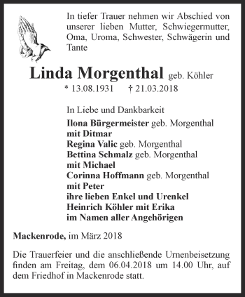 Traueranzeige von Linda Morgenthal von Thüringer Allgemeine