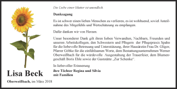 Traueranzeige von Lisa Beck von Ostthüringer Zeitung