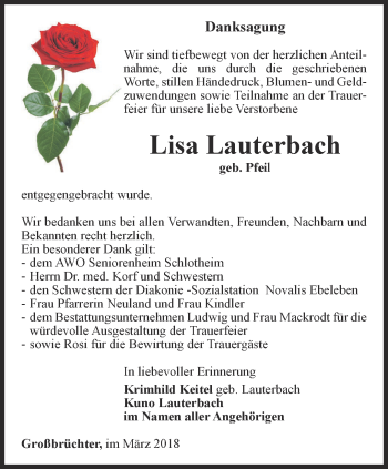 Traueranzeige von Lisa Lauterbach von Thüringer Allgemeine