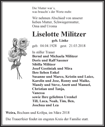 Traueranzeige von Liselotte Militzer von Ostthüringer Zeitung