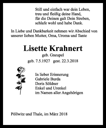 Traueranzeige von Lisette Krahnert von Ostthüringer Zeitung