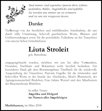 Traueranzeige von Liuta Stroleit von Thüringer Allgemeine