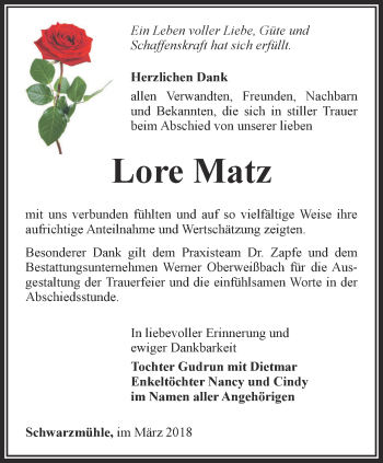 Traueranzeige von Lore Matz von Ostthüringer Zeitung