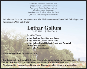 Traueranzeige von Lothar Gollum von Thüringer Allgemeine