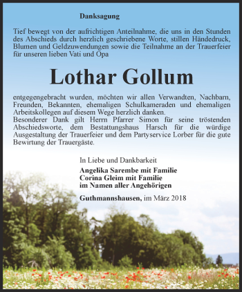 Traueranzeige von Lothar Gollum von Thüringer Allgemeine