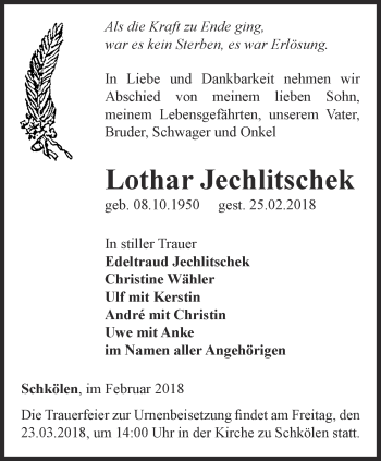 Traueranzeige von Lothar Jechlitschek von Ostthüringer Zeitung