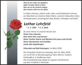 Traueranzeige von Lothar Lehrfeld von Thüringer Allgemeine, Thüringische Landeszeitung