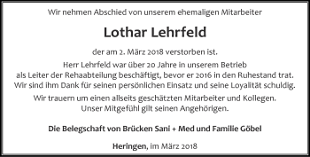 Traueranzeige von Lothar Lehrfeld von Thüringer Allgemeine, Thüringische Landeszeitung
