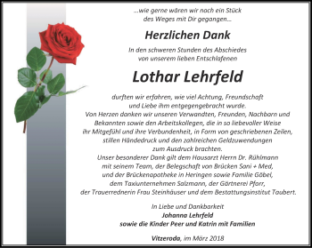 Traueranzeige von Lothar Lehrfeld von Thüringer Allgemeine, Thüringische Landeszeitung
