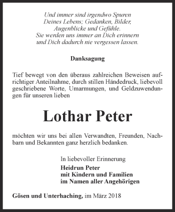 Traueranzeige von Lothar Peter von Ostthüringer Zeitung