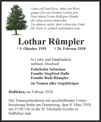 Traueranzeige von Lothar Rümpler von Thüringer Allgemeine, Thüringische Landeszeitung