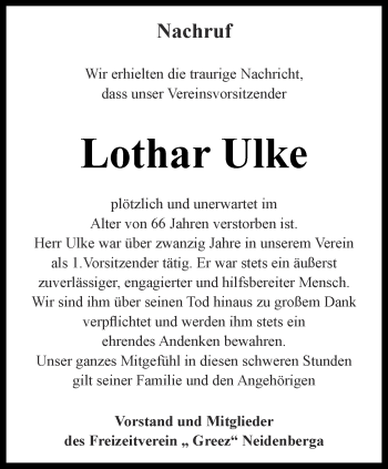 Traueranzeige von Lothar Ulke