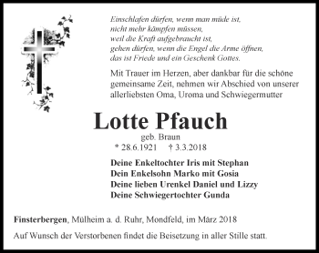 Traueranzeige von Lotte Pfauch von Ostthüringer Zeitung, Thüringische Landeszeitung