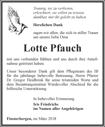 Traueranzeige von Lotte Pfauch von Ostthüringer Zeitung, Thüringische Landeszeitung