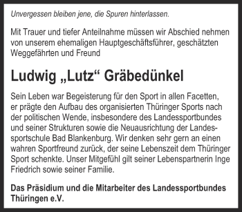 Traueranzeige von Ludwig Gräbedünkel von Thüringer Allgemeine, Thüringische Landeszeitung