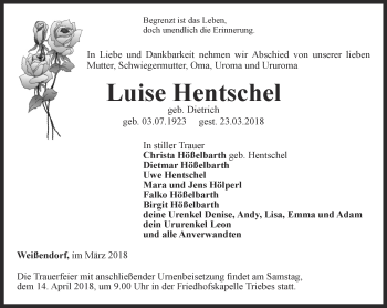 Traueranzeige von Luise Hentschel von Ostthüringer Zeitung