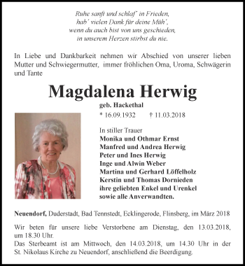 Traueranzeige von Magdalena Herwig von Thüringer Allgemeine