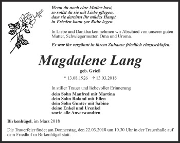 Traueranzeige von Magdalene Lang von Ostthüringer Zeitung