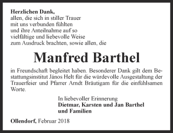 Traueranzeige von Manfred Barthel von Thüringer Allgemeine, Thüringische Landeszeitung
