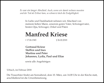 Traueranzeige von Manfred Kriese von Thüringer Allgemeine, Thüringische Landeszeitung